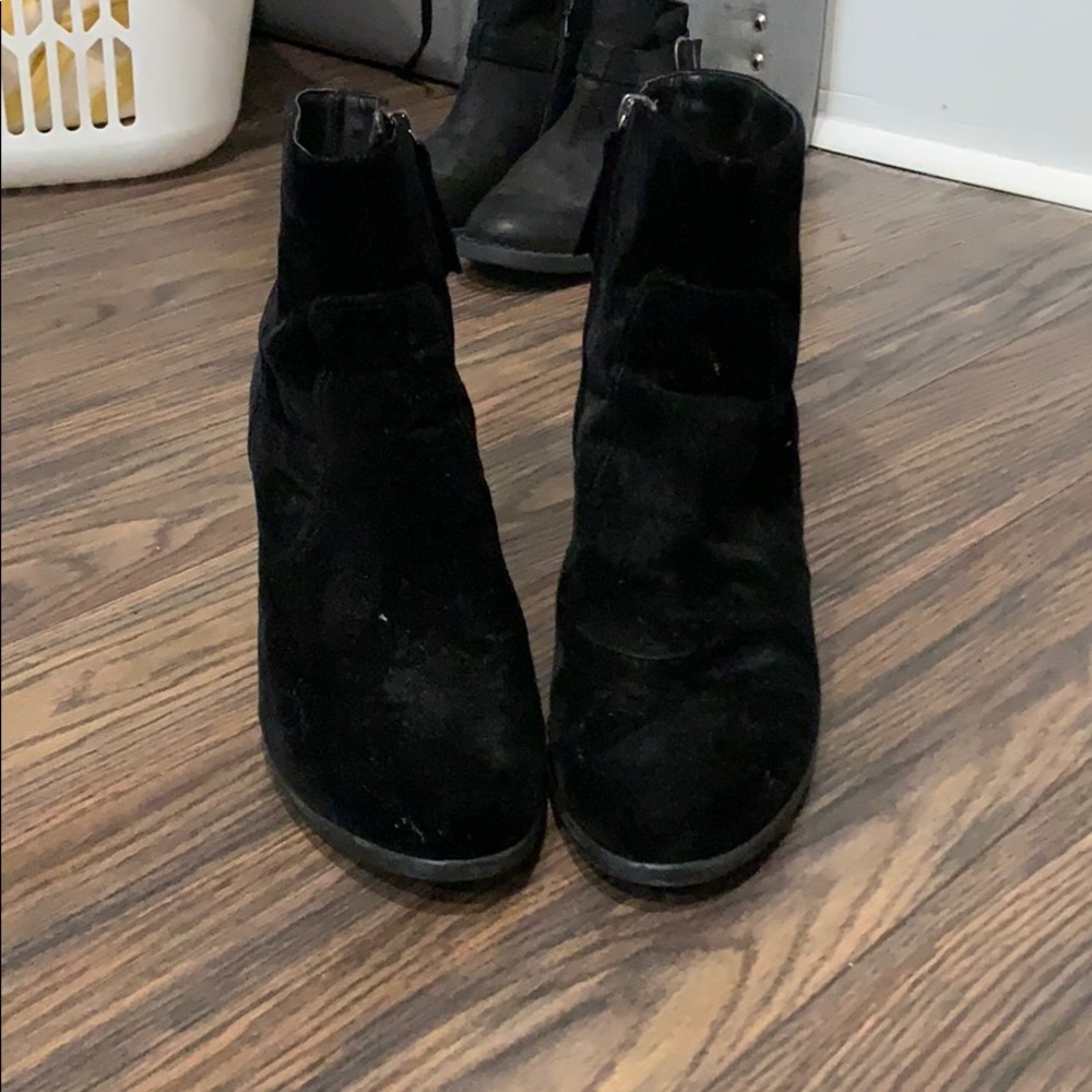 heeled black suede booties